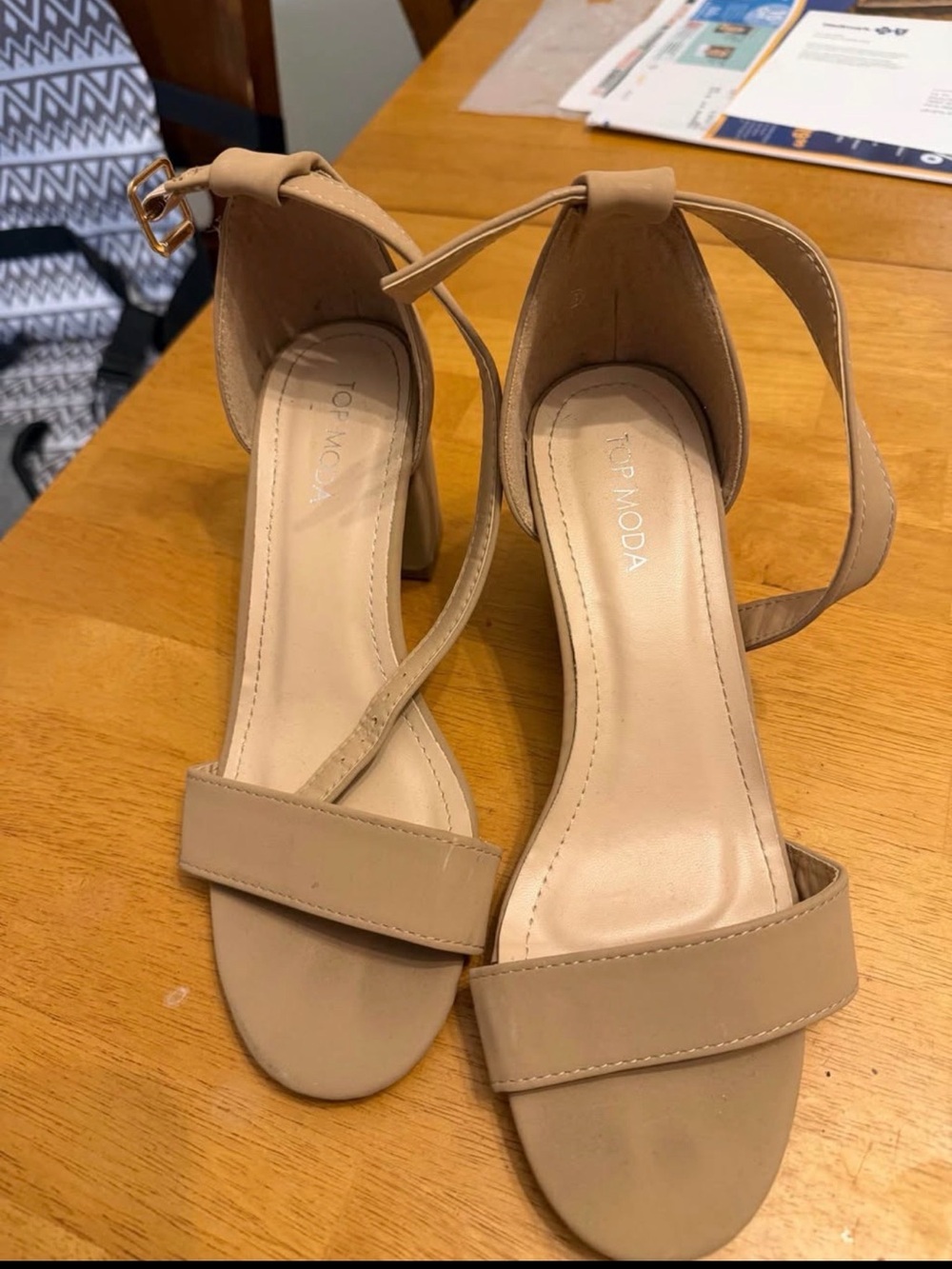 TOP Moda Nude Beige Ankle-Strap Block Heels